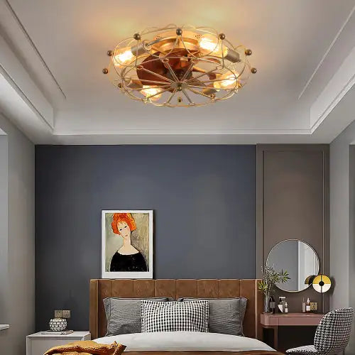 Low Profile Cage Ceiling Fan With Light Remote Control, Built-in Modern Industrial Ceiling Fan